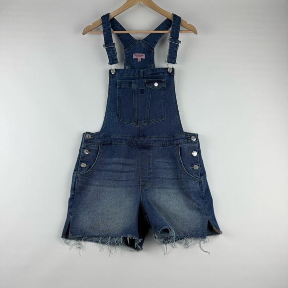 Juicy Couture Women’s Large Denim Shortalls Distressed Jean Overalls - Picture 1 of 7